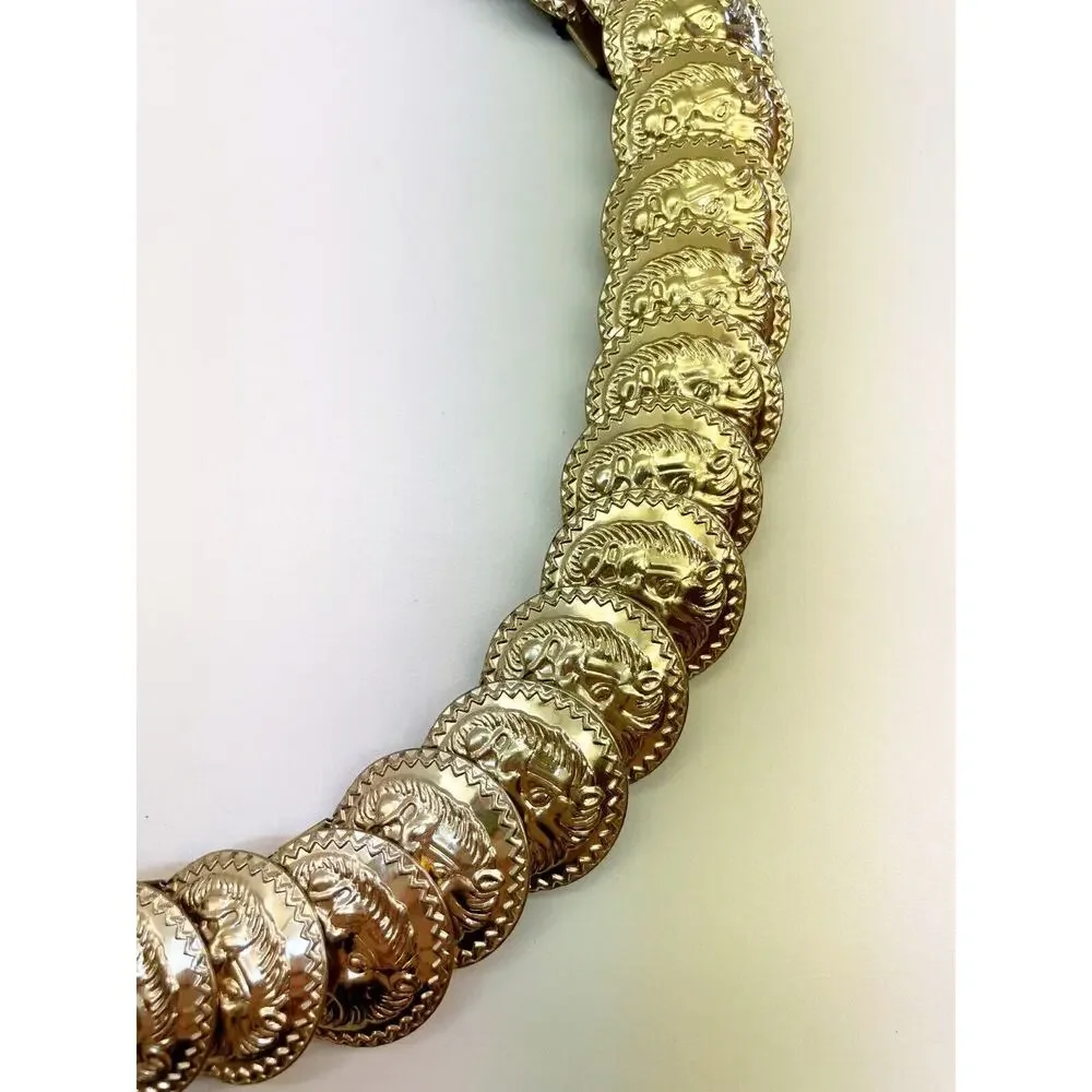 Vintage Gold Metallic Coin Lion Head Elastic Stretch Belt